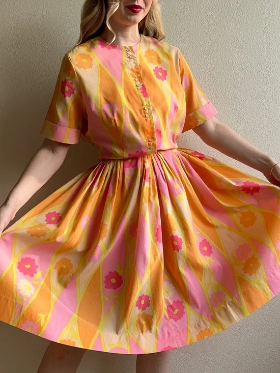Vintage 1950s Orange and Pink Sorbet Print Dress (M) - Picture 1 of 13